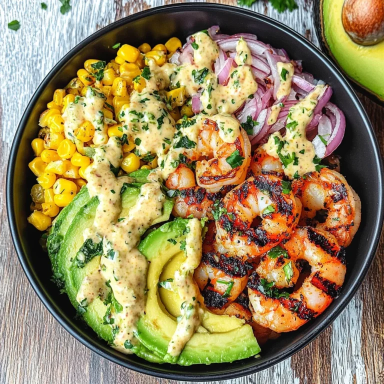 Grilled Shrimp Bowl with Avocado, Corn Salsa & Creamy Garlic Sauce