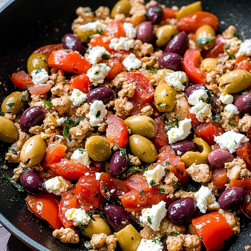 Mediterranean Keto Ground Chicken Skillet with Olives and Feta